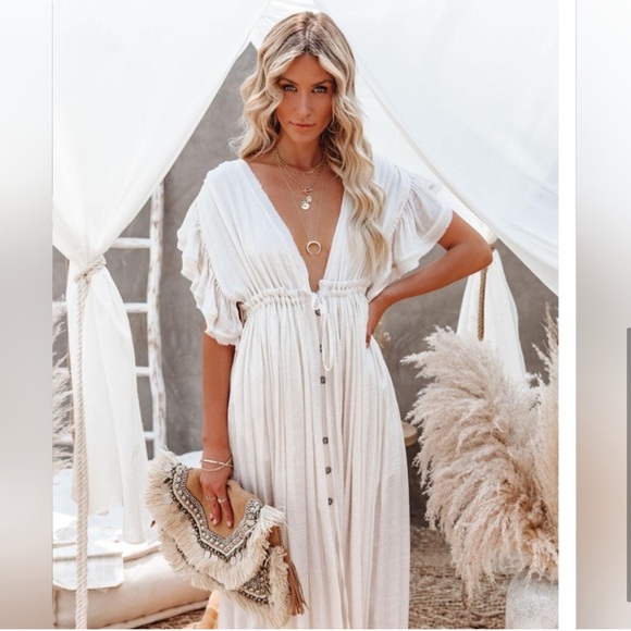 Boho White Gauze Button Flutter Maxi Butterfly Sleeves Dress, Coverup Dress - Picture 4 of 7